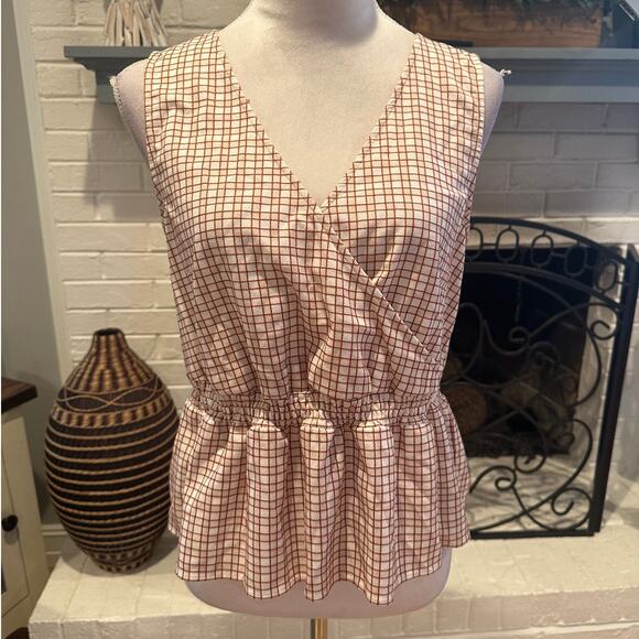 Treasure & Bond Women's Ivory Rust Checkered Peplum Sleeveless Faux Wrap NWOT S - Picture 1 of 8